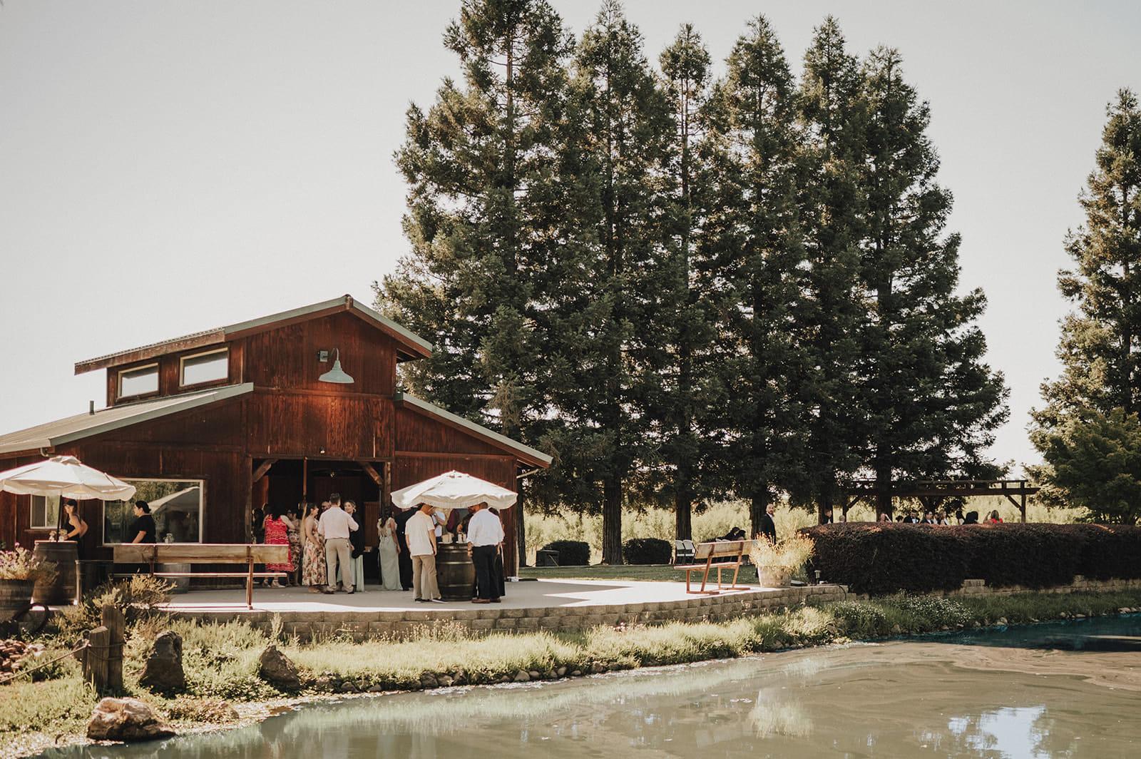 Guests gathering on the barn patio above the pond