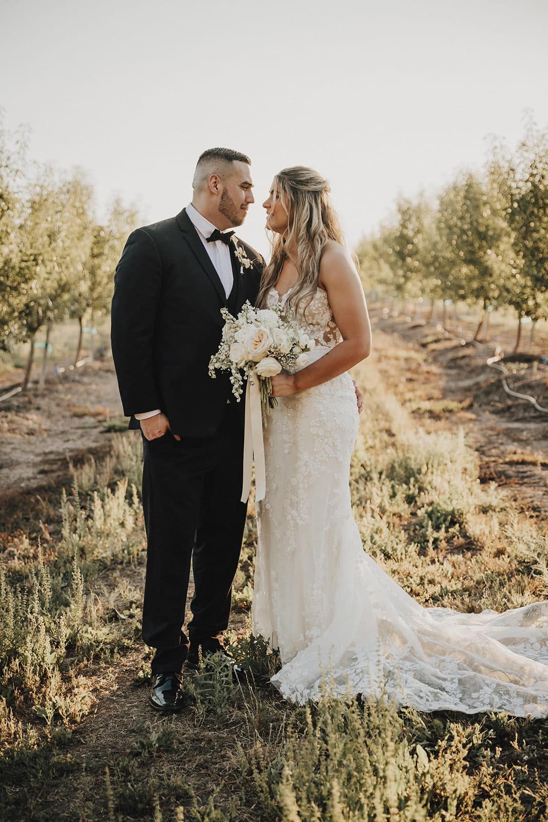The couple standing between the orchard rows at sunset