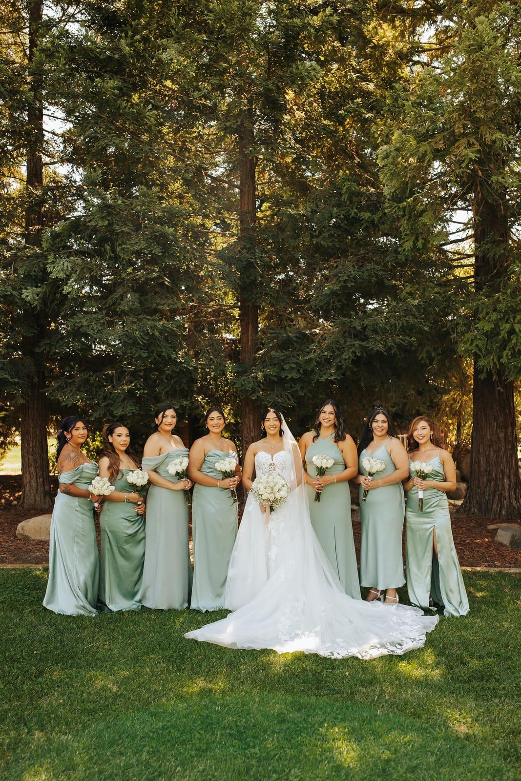 The bride with her bridesmaids in sage green, under the redwoods